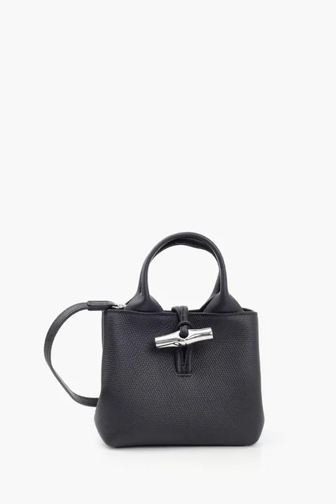 LONGCHAMP XS Le Roseau Top Handle Bag in Black Grained Leather with Adjustable Shoulder Strap