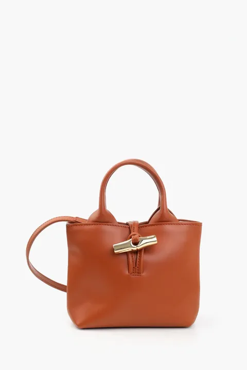 LONGCHAMP XS Le Roseau Top Handle Bag in Bark Smooth Silky Leather with Adjustable Shoulder Strap