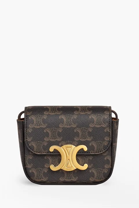 CELINE Mini Triomphe Canvas Claude Bag in Tan Trimming Calfskin
