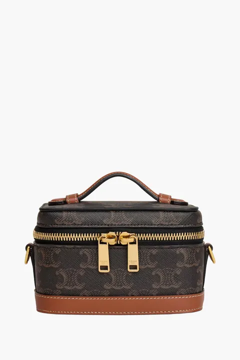 CELINE Mini Triomphe Vanity Shoulder Bag in Tan Canvas x Calfskin