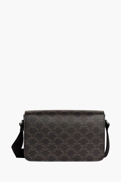CELINE Flap Messenger Bag in Black Triomphe Canvas and Calfskin