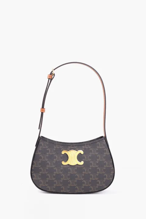 CELINE Medium Tilly Triomphe Shoulder Bag in Tan Canvas and Calfskin