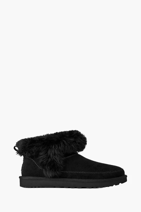UGG Women Classic Ultra Mini Chalet Boots in Black Suede with Logo
