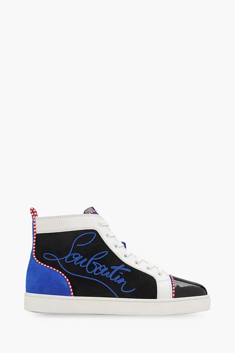 CHRISTIAN LOUBOUTIN Men Navy Louis High Top Sneakers in Black/White/Blue