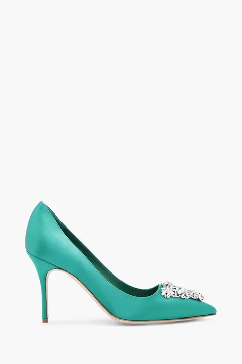MANOLO BLAHNIK Trina Triangular Embellished Pumps 9cm in Bright Green Satin with White Crystal