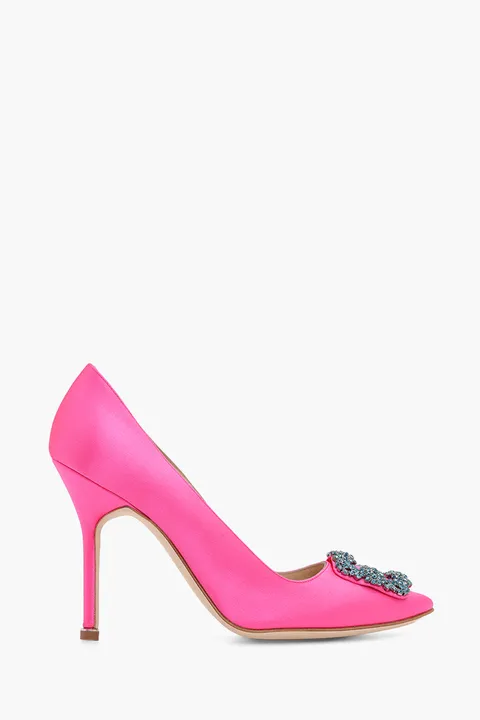 MANOLO BLAHNIK Hangisi 10.5cm Pumps in Bright Pink Satin with Blue Crystal