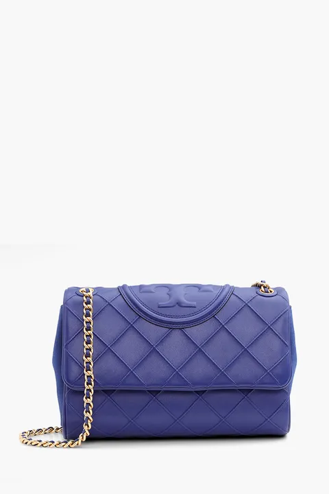 TORY BURCH Fleming Soft Convertible Diamond Pattern Shoulder Bag in Navy Day Leather x Suede