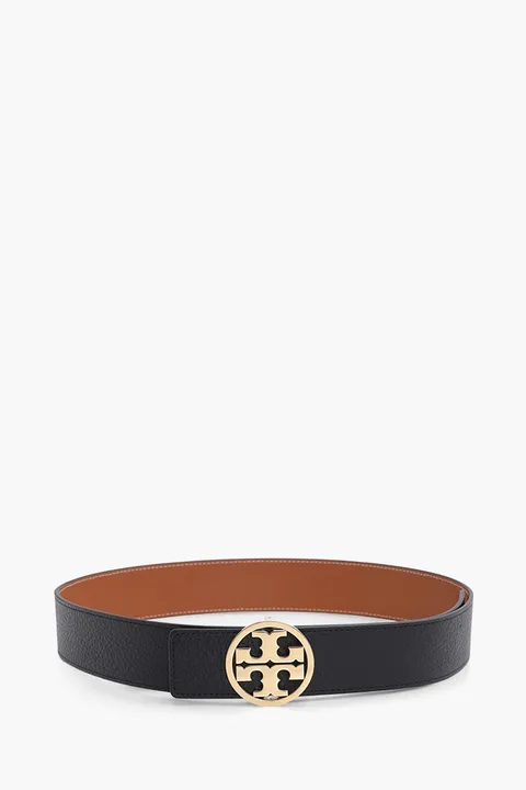 TORY BURCH 1.5" Miller Reversible Logo Belt in Black/New Cuoio GHW
