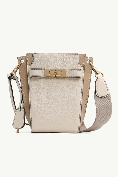 TORY BURCH Petite Lee Radziwill Pebbled Double Bucket Bag in New Moon