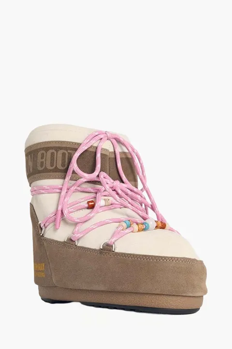 MOON BOOT x Guest Women In Residence Icon Lace-Up Low Snow Boots in Honey/White/Sand Calf Leather and Suede