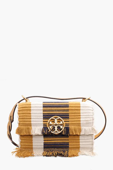 TORY BURCH Small Miller Woven Stripe Flap Shoulder Bag in Chutney/Natural Canvas