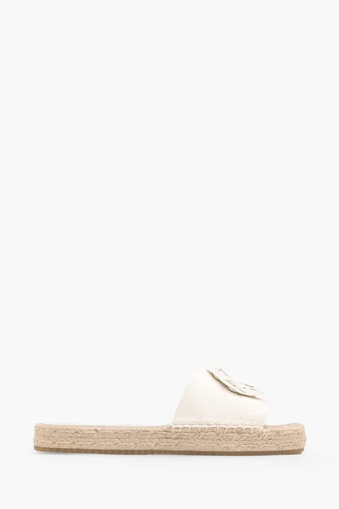 TORY BURCH Woven Double T Espadrille Slide in New Ivory/New Ivory Leather