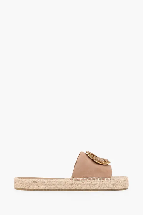TORY BURCH Woven Double T Espadrille Slide in Almond Flour Suede
