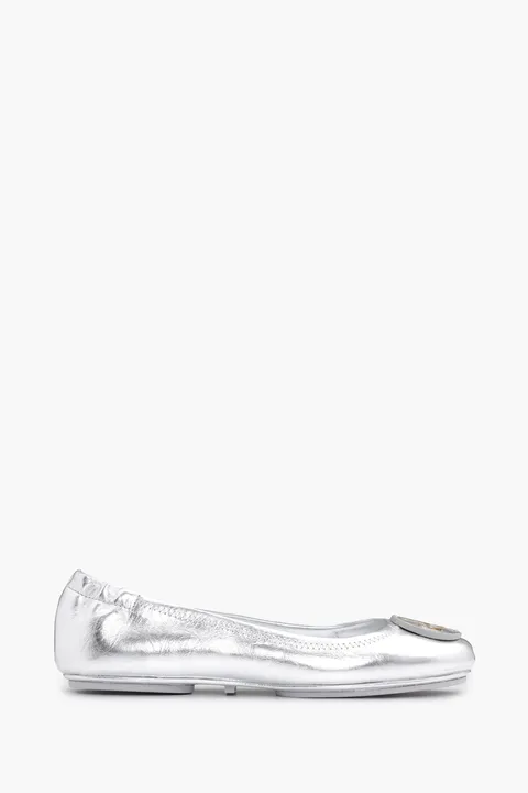 TORY BURCH Minnie Travel Ballerina in Silver Metallic Leather