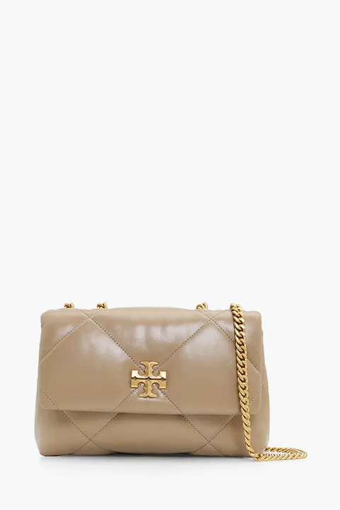 TORY BURCH Small Kira Diamond Quilt Convertible Shoulder Bag in Taupe Oak Napa Leather