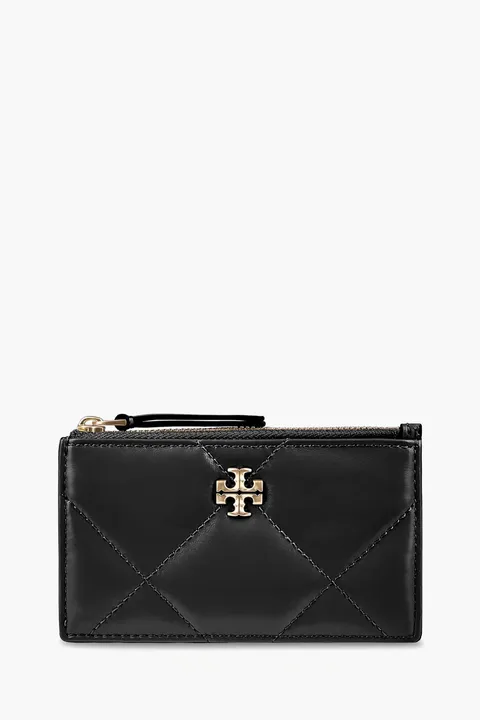 TORY BURCH Kira Diamond Quilt Zip Card Case in Black Napa Leather