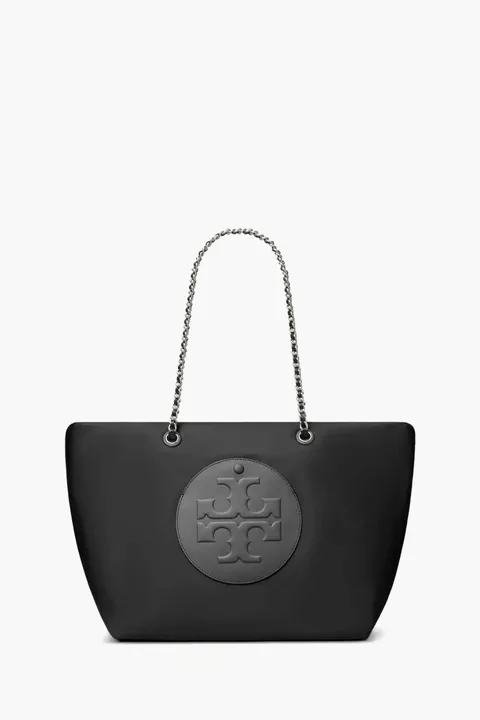 TORY BURCH Large Ella Chain Tote Bag in Black Recycled Nylon