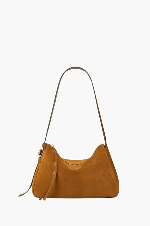 TORY BURCH Medium Romy Shoulder Bag in Caramel Suede