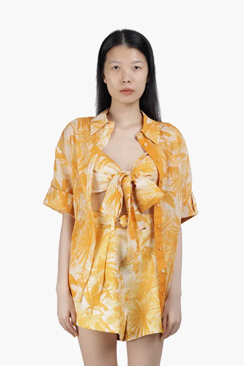 ZIMMERMANN Mae Palm Tree Print Short Sleeve Shirt in Amber Palm