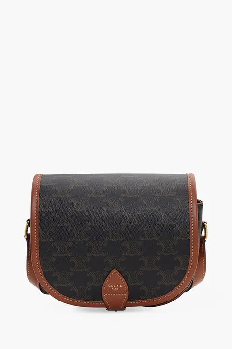 CELINE Medium Folco Bag in Black/Tan Triomphe Canvas and Calfskin