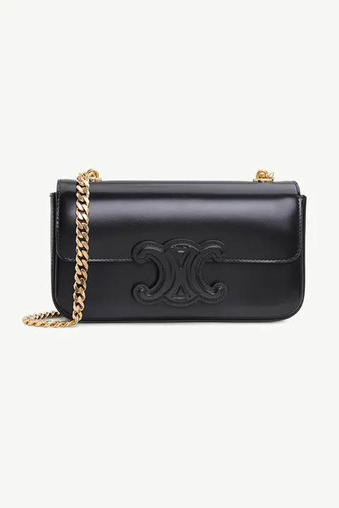 CELINE Cuir Triomphe Flap Chain Shoulder Bag in Black Shiny Calfskin