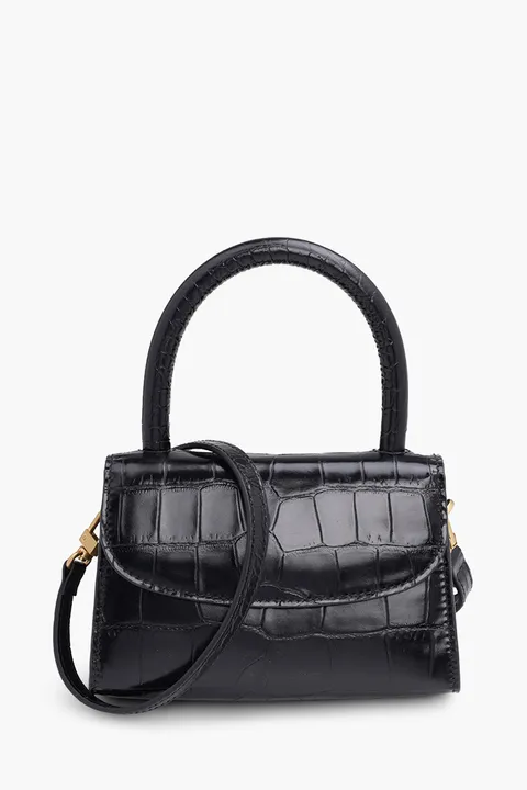 BY FAR The Mini Handbag in Black Croco Embossed Leather