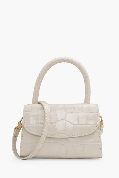 BY FAR The Mini Handbag in Cream Croco Embossed Leather