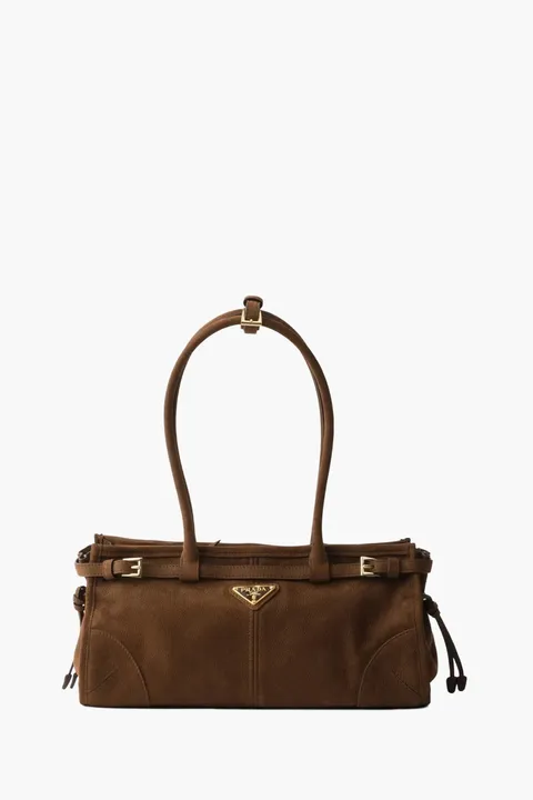 PRADA Medium Bonnie Enameled Metal Triangle Logo Handbag in Cocoa Brown Nubuck Leather