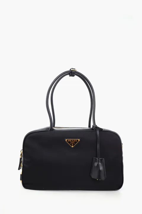 PRADA Medium Enameled Metal Triangle Top-Handle Bag in Black Re-Nylon x Leather with Padlock