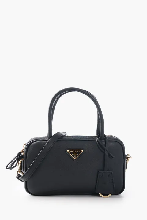 PRADA Triangle Logo Handbag in Black Calf Leather
