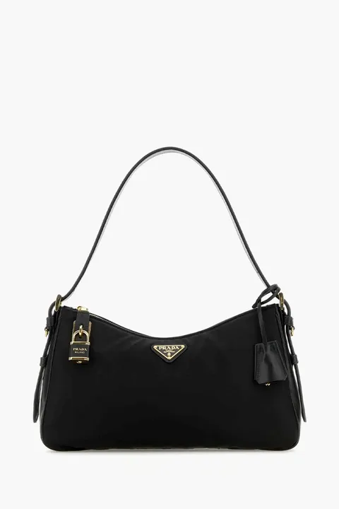 PRADA Large Aimée Shoulder Bag in Black Re-Nylon and Leather with Padlock