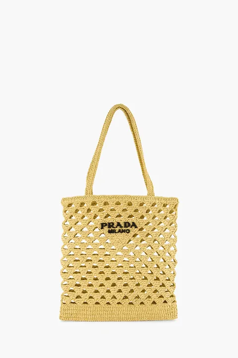 PRADA Embroidered Lettering Logo Tote Crochet Tote Bag in Natural Raffia-effect Yarn Viscose