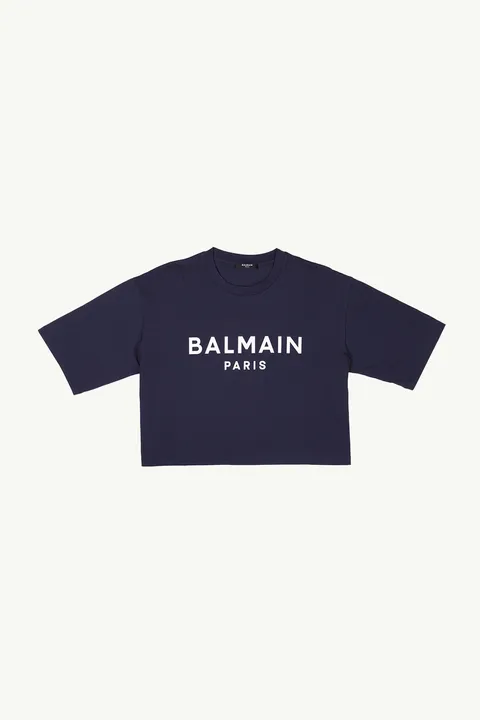 BALMAIN Women Balmain Paris Flocked Logo Cropped T-Shirt in Navy/White Eco-Designed Cotton