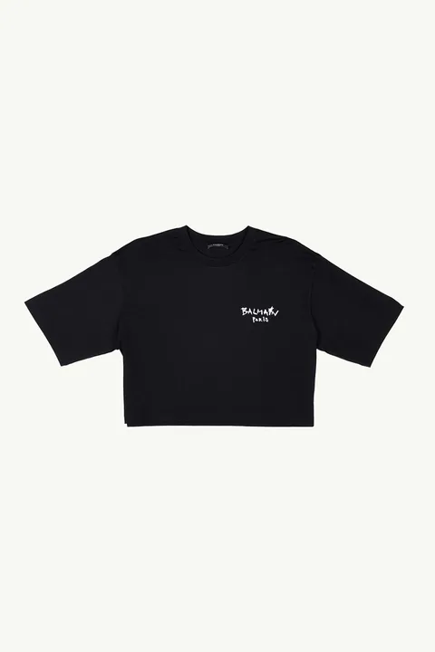 BALMAIN Women Graffiti Balmain Paris Small Flocked Logo Cropped T-Shirt in Black/White