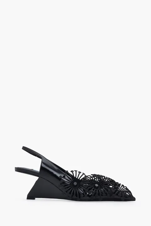 PRADA Women Azalea Flowers Slingback Pumps 65mm in Black Brushed Leather
