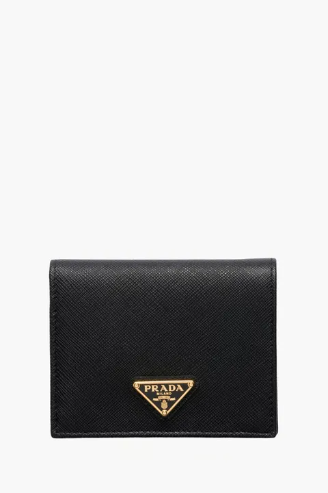 PRADA Small Triangle Logo Flap Wallet in Black Saffiano Leather