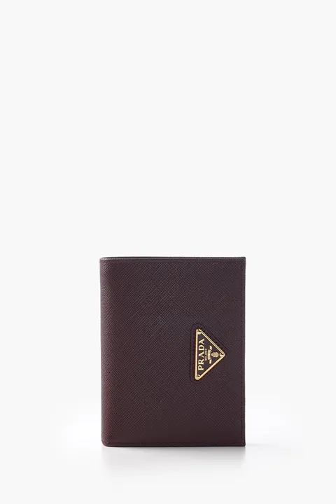 PRADA Small Triangle Logo Flap Wallet in Bordeaux Saffiano Leather