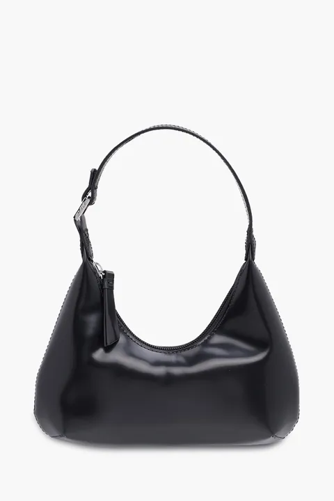 BY FAR Baby Amber Top Zipper Shoulder Bag in Black Semi Patent Leather