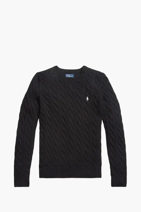 POLO RALPH LAUREN Women Logo Cable Knit Sweater in Black/White Wool