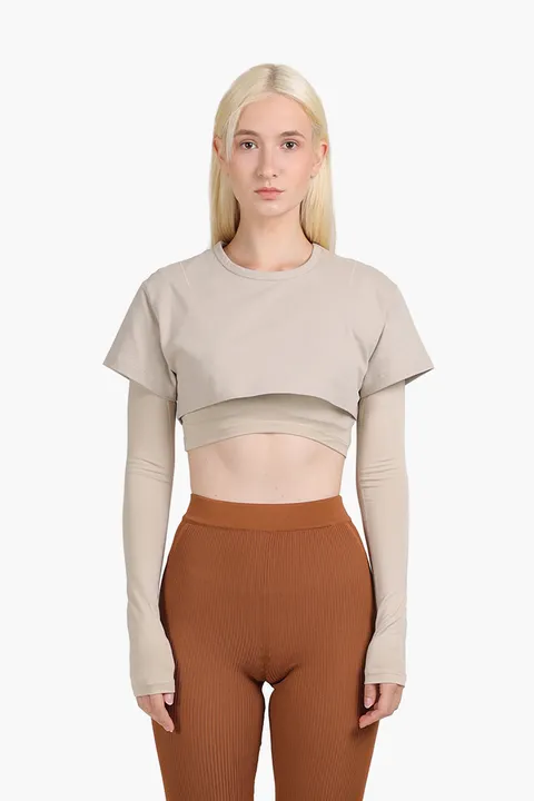 JACQUEMUS Women Le Double Cropped T-Shirt in Light Khaki