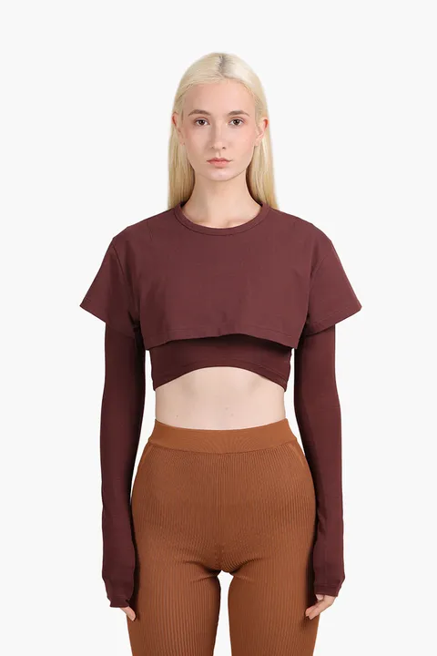 JACQUEMUS Women Le Double Cropped T-Shirt in Dark Brown