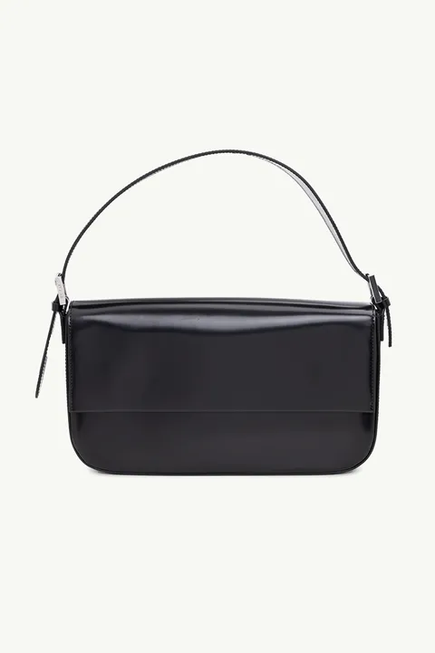 BY FAR Manu Handbag in Black Semi Patent Leather