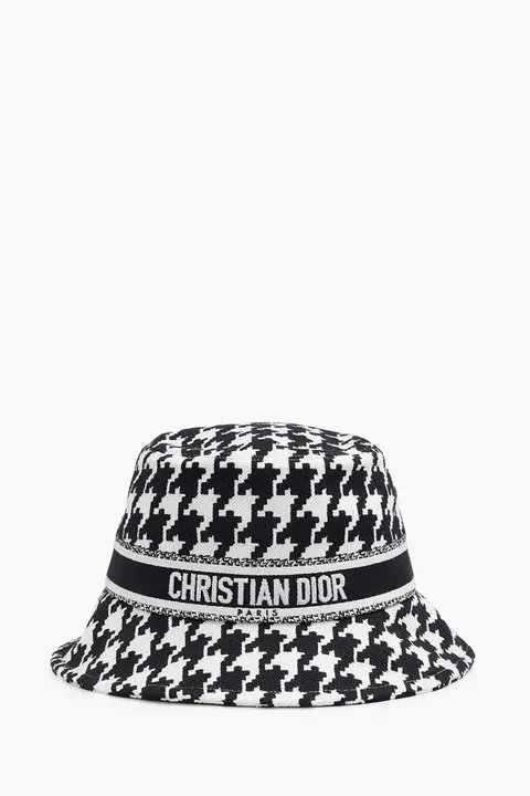 CHRISTIAN DIOR 30 Montaigne Small Brim Bucket Hat in Black/White with Large Houndstooth Motif