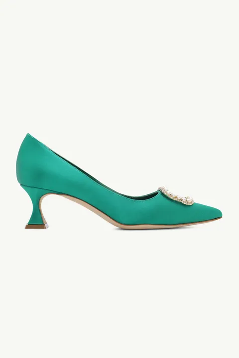 MANOLO BLAHNIK Fabeta Pumps 5cm in Bright Green Satin with Crystal & Pearls