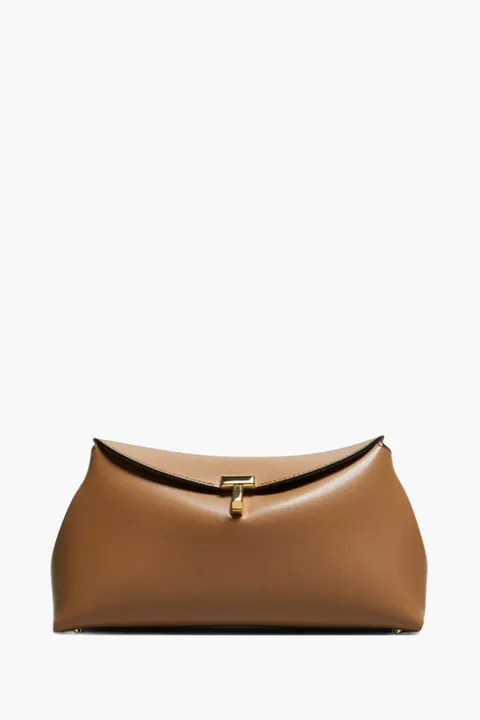 TOTEME T-Lock Flap Clutch in Camel Leather with Detachable Strap