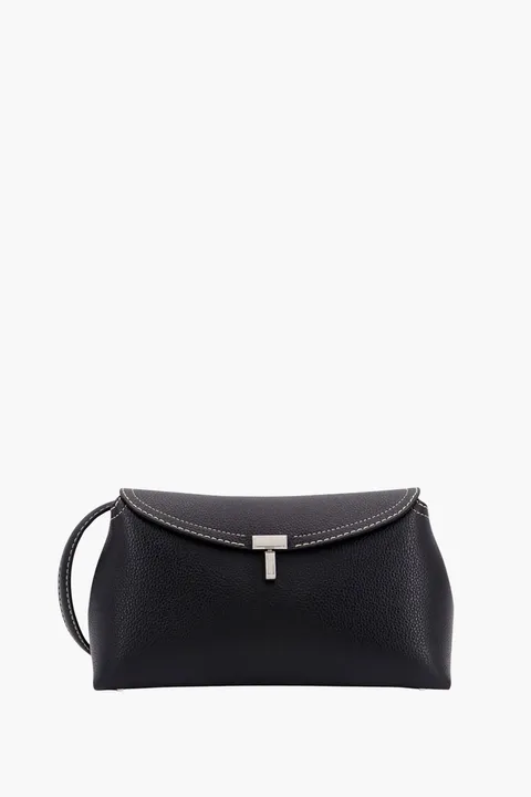 TOTEME T-Lock Clutch in Black SHW Grained Leather with Shoulder Strap