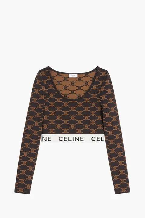 CELINE Women Monogram Triomphe Long Sleeves Crop Top in Black/Tan Silk Cotton