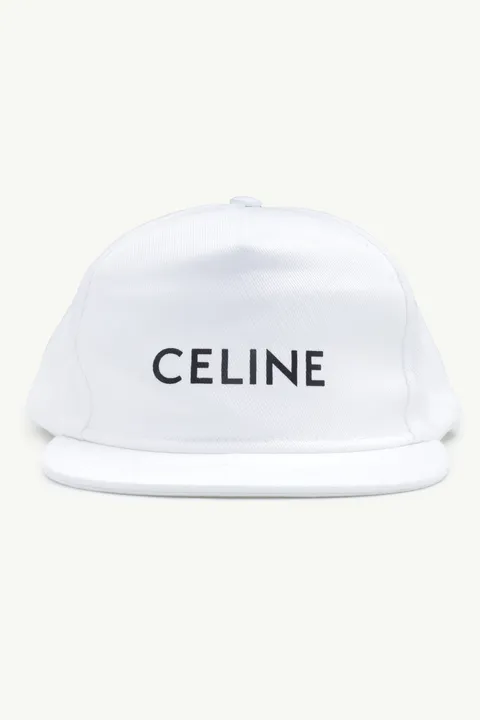 CELINE Men Logo Snapback Cap in White Cotton