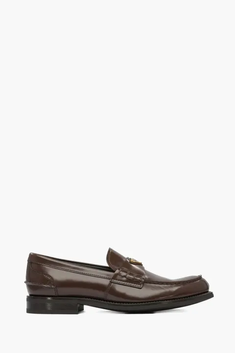 PRADA Men Moccasins Loafers in Brown Leather with Enamelled Metal Triangle Logo