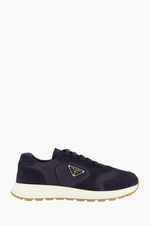 PRADA Men Prax 2.0 Low Top Sneakers in Navy Suede and Re-Nylon